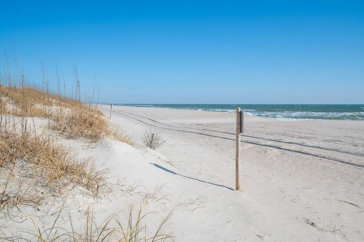 A serene view of sand dunes leading to the ocean with a signpost in the foreground. The soft sand, gentle waves, and open sky evoke a classic Carolina Beach scene, inviting visitors to explore and enjoy the shore. The signpost hints at helpful beach access information or reminders for travelers.